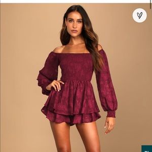 Lulus Greet the Season Burgundy Burnout Floral Off-the-Shoulder Romper